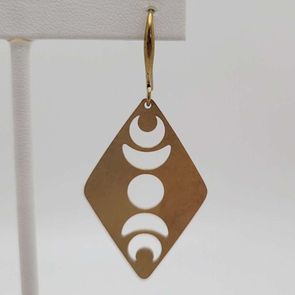 Dangle Drop Earrings Raw Brass Moon Phase Hook Handmade 2.5" Long Diamond Shape - Picture 9 of 12
